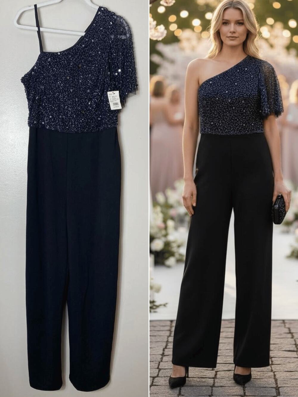 Adrianna Papell Black Sequin Beaded Jumpsuit Wedding Guest
